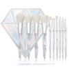 Nuevo juego de 10 brochas de maquillaje de vidrio transparente con mango de diamante, embalaje de PU de diamante, pelo de fibra, venta al por mayor de fábrica