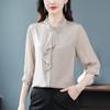 Camisa de Seda de Hangzhou Vestido de Verão Feminino Renda Fungo Gola Alta Manga Média Blusa Cor Pura Manga Três Quartos Camisa de Seda de Amora