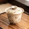 Tazón Cubierto Clamsheng Ercai de Crisantemo Pintado a Mano Que No Quema las Manos, Juego de Té Cerámico Individual Kung Fu, Tazón de Té Grande con Tapa