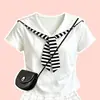 2026 Moda Femenina Estilo Academia Elegante Cuello Marinero Manga Corta Dulce Lindo Encaje Patchwork Falda Conjunto de Dos Piezas