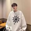 Suéter americano de gola redonda masculino, outono e inverno, forrado de lã, design de aranha, camisa básica estampada, casual, solta, jaqueta da moda nacional