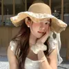 Moda Verão Chapéu de Sol Versátil com Renda Estilo Coreano Feminino Doce Chapéu de Palha Emagrecedor Chapéu de Proteção Solar