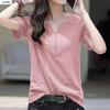 Camiseta de Manga Curta Feminina Gola V Slim Verão Estilo Coreano Versátil Tamanho Grande Simples Manga Meia Mão Casual Versátil Roupa de Trabalho Roupas Diárias