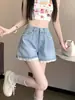 Shorts de Mezclilla Chic Dulces y Picantes para Mujer Verano Cintura Alta Adelgazantes Pierna Ancha Corte A Tallas Grandes Versátil Petite Con Cuentas Encaje
