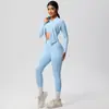 Conjunto de Yoga de Tres Piezas de Cintura Alta Ajustado con Bolsillos, Mangas Largas que Muestran el Ombligo, Tacto de Nube, Secado Rápido, para Correr y Fitness