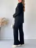 Conjunto de Malha com Zíper Cor Sólida Outono e Inverno Novo Europeu e Americano Cruzado Feminino Conjunto de Duas Peças Loungewear com Gola Alta Canelada