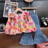 2436Q niñas 2024 primavera y otoño nuevo traje tesoro de mujer estilo pintura al óleo chaqueta con jeans acampanados conjunto de dos piezas