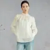 Cuello de organza 100% seda de morera con bordado dorado, top de manga larga estilo chino nuevo con ribete de volantes de seda con cuello alto para mujer, primavera