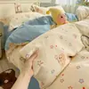Juego de Cuatro Piezas de Puro Algodón Ins, Algodón Cepillado Engrosado, Estilo Fresco, Sábana Plana de Algodón, Funda de Edredón, Sábana Ajustada, Juego de Tres Piezas para Dormitorio de Estudiantes 4