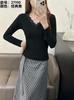 Hollywood 27190 Camiseta Básica de Terciopelo Lyocell Tencel con Cuello en V Nueva Moda Más Fácil de Combinar Encaje Adelgazante