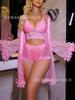 Conjunto de Lencería Sexy de Malla Transparente Estilo Europeo y Americano Transfronterizo, Pijama Sexy para Mujer, Bata de Encaje de Verano Conjunto de Tres Piezas al por Mayor