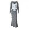 Camisola puramente seductora y sexy, cárdigan de manga larga, conjunto de tres piezas para mujer de otoño, nuevo, ajustado, a rayas, bodycon, falda larga