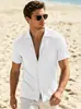 Tamanho Europeu Transfronteiriço Masculino Verão Solto Casual Respirável Gola Reversível Cardigan Cor Sólida Tecido Jacquard de Toalha Manga Curta Camisa Estilo Americano
