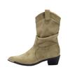 Botines Chelsea de Gamuza Marrón con Detalles Fruncidos, Punta Fina, Media Pantorrilla, Tacón Grueso, Botines Cortos Versátiles que Aumentan la Altura para Mujer