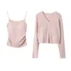 Conjunto de Duas Peças Cardigan de Tricô Branco de Manga Longa Oufan para Mulheres + Top de Alça Pequena Novo Estilo Primavera Xale Elegante 11153