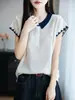 Top Artístico de Bambú y Lino con Cuello Polo Botones Rayas Manga Corta Holgado Transpirable Adelgazante para Mujer