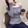 Top de punto de manga larga con hombros rojos estilo retro francés para mujer, corte entallado, elegante diseño interior con solapa, para otoño