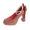 Zapatos de Boda Rojos Completamente Diamantados con Traje Xiuhe para Brindis, de Doble Uso, Tacón Alto, Plataforma Impermeable, Mary Jane con Lazo