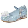 Zapatos de Princesa para Niñas Moda Nuevo Primavera y Otoño Estilo Coreano Zapatos de Salón Tacones Altos de Flor de Cristal Grande para Niños Zapatos Azules Antideslizantes