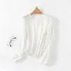 Cárdigan de lino de bambú de verano con cuello en V para protección solar para mujer, tejido a mano con encaje, corte holgado, color liso, manga larga, chaqueta fina para mujer