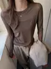 Camiseta de Manga Longa com Gola Redonda e Recorte em Renda 2025 para Mulheres no Outono e Inverno, Peça Íntima e Top de Roupa Externa de Alta Qualidade