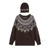 Atacado de roupas femininas transfronteiriço 2026 Fair Isle com chapéu combinando, suéter versátil solto com gola redonda em jacquard vintage