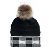 Otoño e invierno 2020 transfronterizo Europa y Estados Unidos nuevo gorro de lana Amazon explosiones Color a cuadros combinación de colores pompón de lana desmontable gorro de punto