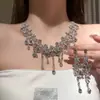 Colar de franja com strass brilhante, acessório para vestido de noite, conjunto de brincos, corrente de clavícula feminina de luxo e elegante, colar statement