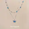 Collar de Mariposa Azul de Doble Capa Más Vendido en Verano, Cadena para Clavícula de Zirconia Azul de Lujo Ligero de Nicho de Gama Alta