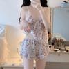 Pijama sexy de gasa con estampado floral, conjunto de dos piezas, pantalones cortos, ropa de casa bonita y dulce para primavera y verano para mujer