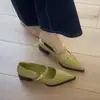 Em Estoque ~ Bico Verde Apontado Salto Grosso Salto Alto Feminino Francês Salto Médio Sapatos Mary Jane Boca Rasa Sapatos para o Trabalho