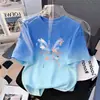 Camiseta Infantil de Manga Corta Degradada, Top Estampado de Verano Elegante para Niñas, Holgado, Transpirable, Versátil, Estilo Coreano para Niños Mayores