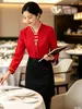 Uniforme de Trabajo para Mesera de Hotel de Lujo para Mujer de Manga Larga Rojo Restaurante Chino Restaurante de Hot Pot Uniforme para el Personal Otoño/Invierno