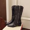 Botas de Tacón Grueso Retro Negras de Moda para Mujer Verano 2025 Nuevo Estilo con Falda Botas Vaqueras del Oeste