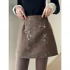 [Bordado de Cuentas Hecho a Mano Dinner Dorado] Falda Corta de Invierno para Mujer con Lentejuelas y Bordado de Cuentas Hecho a Mano Geming Heavy Industry Falda de Línea A para Cadera N803C
