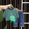 Trajes de Moda de Manga Larga para Niños y Niñas, Nuevo Estilo Otoñal, Lindo Conjunto de Dos Piezas de Manga Larga con Retazos Rayados de Animales, Venta Directa
