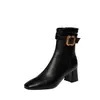 40-42 Tamanho Grande Elegante Capaz Fivela de Metal Emagrecedoras Botas Inverno 2026 Chunky Salto Médio Bico Quadrado Elástico Cano Curto Botas Femininas