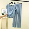 Conjunto de camiseta de manga corta con cuello cuadrado de modal y pantalones largos para mujer, casual de verano, corte holgado, ropa de casa, conjunto ligero de dos piezas