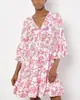 Moda Feminina Verão 2026 Transfronteiriça Estilo Amazon Elegante para o Trabalho Babado Manga Três Quartos Vestido Floral Dopamina