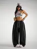 Pantalones de chándal anchos de estilo retro americano para mujer, con doble raya blanca, cordón, cintura elástica, casual, largos, para street dance hip-hop