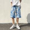 Shorts de seda tingidos com estampa de flores, marca da moda para o verão, 2024, calças largas de cinco pontas, finas, de secagem rápida, calças casuais, calças grandes