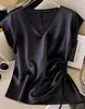 Camisa de Satén Europea para Mujer con Cuello en V y Mangas Cortas, Nueva Blusa Plisada Color Albaricoque de Verano Estilo Francés, Top Versátil y Elegante