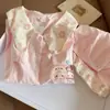 Pijama de Dibujos Animados Rosa de Rilakkuma Estilo Celebridad de Internet para Mujer, Conjunto de Dos Piezas de Cardigan y Pantalones Cortos de Manga Corta para Verano, Ropa de Casa para Estudiantes