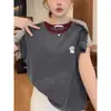 Camiseta de Manga Corta Versátil y de Moda para Mujer con Cuello de Algodón Puro y Diseño Color-Blocking, Camiseta Básica Elegante, Nuevo Modelo Verano 2026