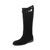 Botas de Cavaleiro com Fivela em Camurça de Vaca Vazada Estilo Britânico 2026 Inverno Salto Baixo Robusto Bico Redondo Couro Genuíno Cano Alto Longo Feminino 41