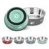 Comedero para mascotas de plástico y acero inoxidable de doble capa con base de silicona impresa, antideslizante y antivuelco para gatos.