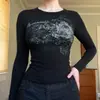Camiseta básica elástica de manga larga transfronteriza, nuevo estilo 2026 para chicas a la moda, adelgazante y versátil, top de camiseta corta ajustada con cuello redondo y estampado