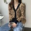Cárdigan de Leopardo de Celebridad de Internet Transfronterizo Suéter Corto de Mujer para Principios de Otoño Conjunto Holgado Chaqueta de Punto de Moda con Cuello en V
