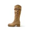 Botas de Montar Caídas de Tacón Grueso Largas Estilo Europeo y Americano Nuevas 2025 para Mujer, Aumentadoras de Altura 8cm, con Borla Tejida, Color Caqui
