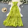 Vestido estilo vacacional 2025 Verano Estilo francés Sexy sin tirantes Adelgazante de cintura Abertura Volante Irregular Largo